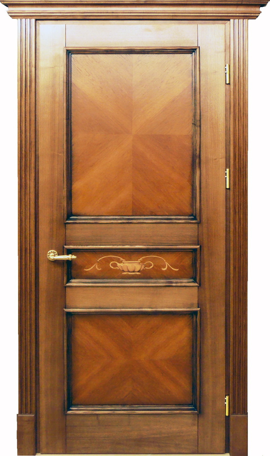 Двери межкомнатные филенчатые, наличники с канилюрами, на филенке мозаика из шпона