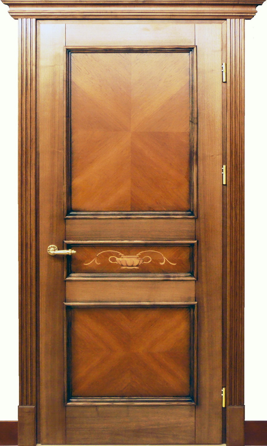 Шпон на филенках двери набран конвертом, модель Снежинка, шпон тикового дерева.